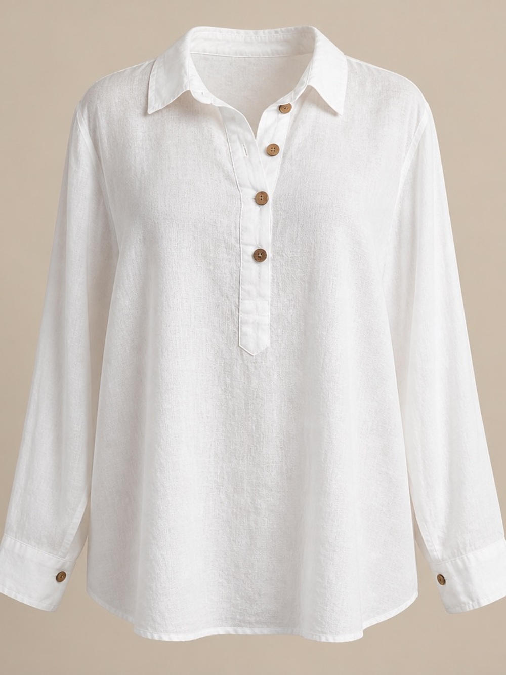 Sigrid Olsen White Linen-Feel Button Down Shirt with Wooden Buttons #202